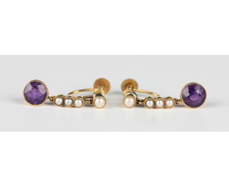 A pair of gold, amethyst and half-pearl pendant earrings, each collet set with a circular cut amethyst to the drop below a ro