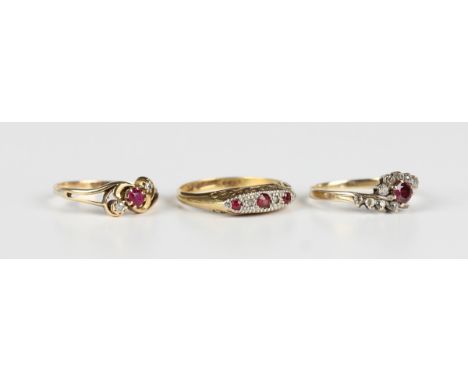 A gold, platinum, ruby and diamond five stone ring, detailed '18ct &amp; Plat', weight 2.8g, ring size approx P, a gold, ruby