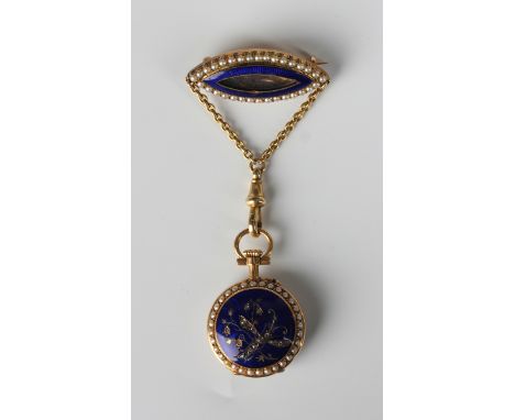 A gold cased, blue enamelled, diamond and half-pearl set lady's keyless wind open-faced fob watch with unsigned gilt cylinder