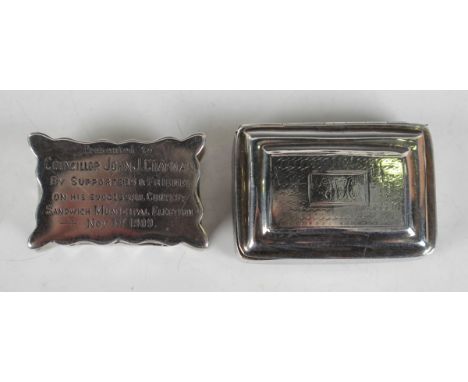 A George IV silver rectangular snuff box with stepped hinged lid and base, otherwise with engine turned decoration, Birmingha