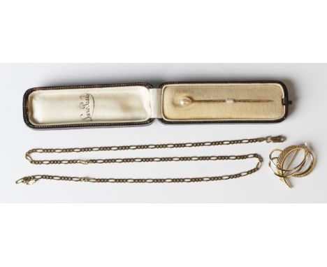A 9ct gold faceted curblink neckchain on a sprung hook shaped clasp, length 52cm, a 9ct gold brooch in a swirling design, imp