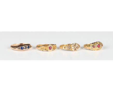 An 18ct gold, diamond and red gem set five stone ring, Birmingham 1918, weight 1.7g, ring size approx L, a Victorian 15ct gol