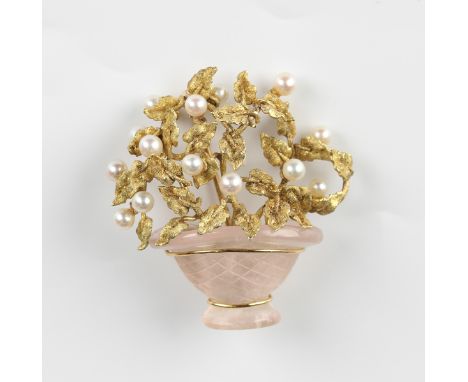 A gold, rose quartz and cultured pearl brooch, designed as a plant in a pot with naturalistic formed leaves, mounted with cul