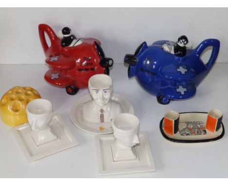 A Royal Doulton playing card match-holder, 5" across, three Carlton white lustre novelty egg cups &amp; stands, two modern Ca