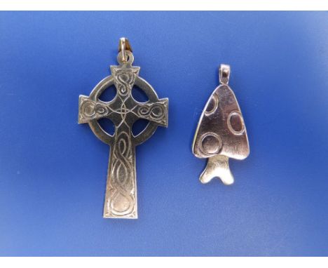 A yellow metal Celtic cross pendant,  1.6" and one other. (2)