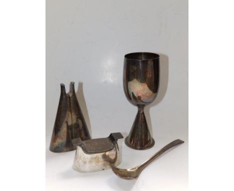 A modern three piece white metal condiment set by Christopher Gibson, together with a 6.1" goblet on conical foot and ladle b