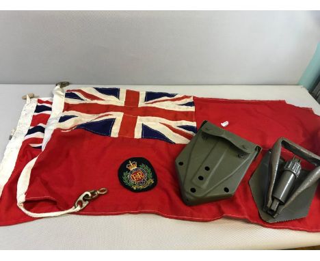 2 British Naval flags, Military portable shovel and patch 