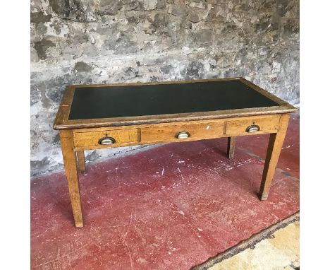 Military solid light oak writing desk with green leather top. Has 3 under drawers, Came from the French Consulate in Edinburg