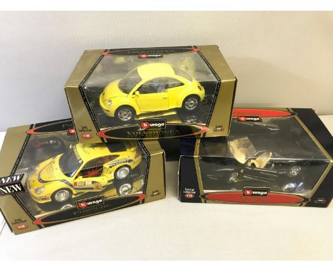 3 Burago 1/18 scale car models with boxes 