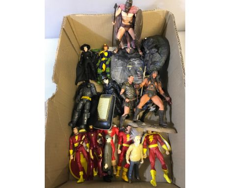 Box of loose 1/12 scale batman, Shazam, Conan and other action figures 