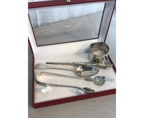 5 various items of silver to include 2 Georgian cutlery items (Tongs & spoon) Manicure item and napkin ring 