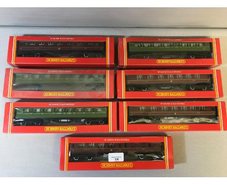 A lot of 7 Hornby OO guage models; 3x R.441 SR Composite Coach, 3x R.474 LMS Composite Coach & R.475 LMS Brake 3rd Coach, com