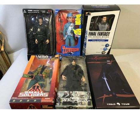 Collection of 6 mixed movie & tv show 1/6 scale action figures in boxes includes small soldiers "Chip Hazard" Neo from matrix