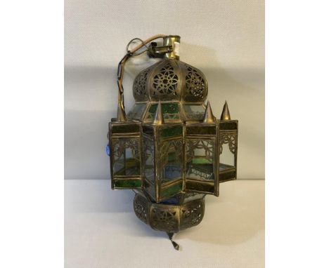 Antique Indian brass and stain glass ceiling light. 