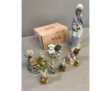 Beswick "Hunca Munca sweeping" figure, Nao dog figure & Lladro lady with flowers figure. Together with 4 rabbit figures in th