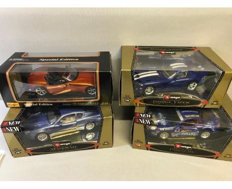 4 Burago 1/18 scale car models with boxes 