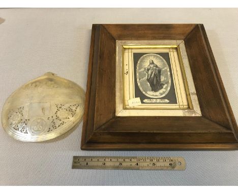 Mother of pearl hand carved shell depicting the religious last supper scene, Together with Vintage Sacred Heart Jesus embroid