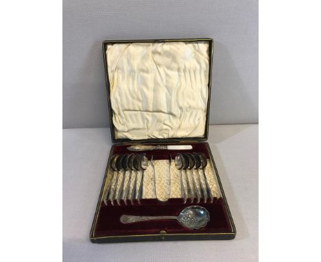 Lovely EP spoon serving set with tongs, Mother of pearl handled knife and jam spoon. All fitted in a red velvet and white sil
