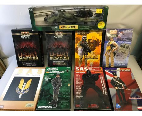 8 Various 1/6 scale military action figures which includes Elite Force, ONLINE DID & Barrack Sergeant together with helicopte