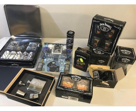 A Collection of Jack Daniels Tennessee Whiskey Miniatures, Hip flask with fitted wooden box, Poker sets and mugs. 