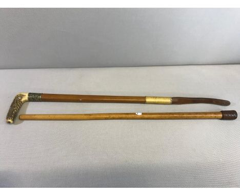 Antique riding crop with white metal collar and antler horn handle, Together with Antique swagger stick 