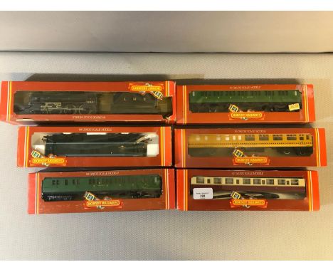 A lot of 6 Hornby OO guage models; R.858 LMS 4-6-0 Loco Class 5, R.878 BR Bo-Bo Diesel Class 25 (green), R.487 SR Brake 3rd C