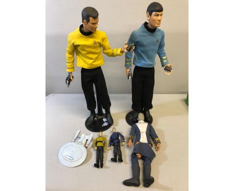 2 NECA 1/4 scale Star Trek "Captain Kirk & Spoke" Figures, 2 Small figures, U.S.S Enterprise die cast ship & 1977 William Sha