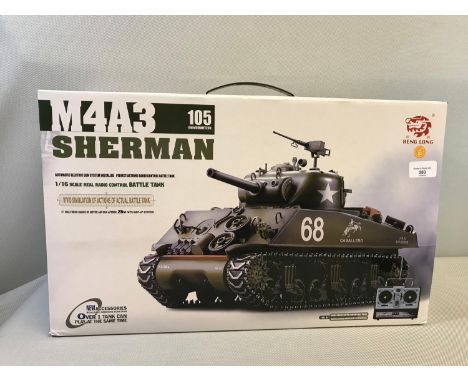 Heng Long M4A3 Sherman 105mm Howitzer, 1/16 scale real radio control battle tank, complete in original box, in mint condition