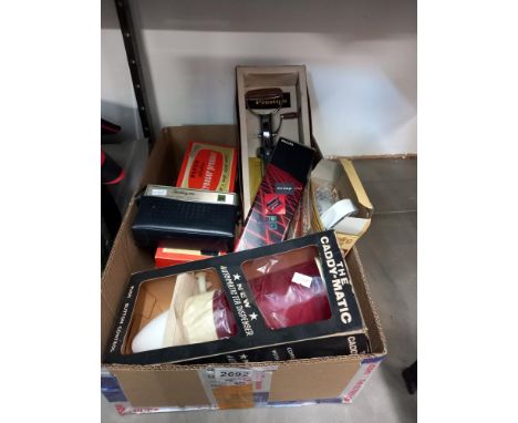 A box of vintage electrical items including Pifco trouser press and caddy-making tea dispenser Collect Only 