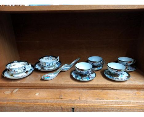 A Vintage 'Kepple' Bristol Chinese pottery cups and saucers and 4 Japanese cups and saucers and 2 famille rose spoons