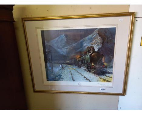 A framed &amp; glazed signed Orient Express locomotive print by Terence Cuneo (83cm x 67cm) collect only