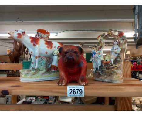 A vintage pottery bulldog planter Staffordshire flatback and cow creamer / spill vase Collect only 