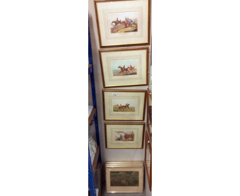 4 framed fox hunting coloured engravings and 4 steeple chrome prints Collect only 