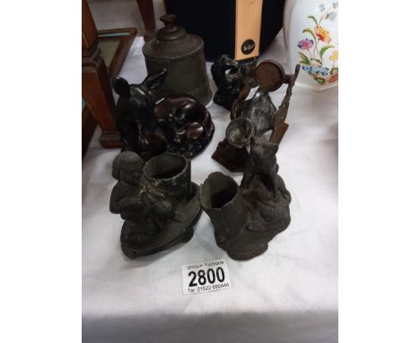 Victorian snail glass inkwell in cast iron stand and pair of spelter match holders etc Collect only 