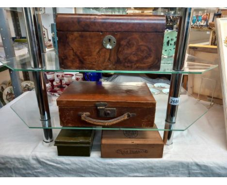 A walnut box including tin cash box and cigar box and vintage leather suitcase