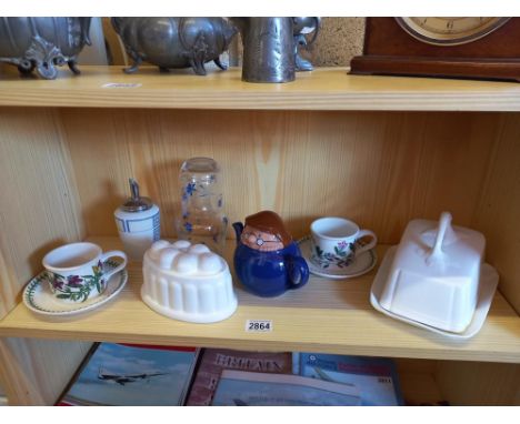 2 Portmeirion  cups and saucers Royal Worcester sugar shaker, jelly mould &amp; Tetley tea pot etc Collect only