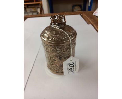 A rare silver plate tea caddy engraved with Lion figure, content including tea Collect only 