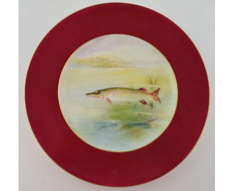 Royal Worcester porcelain cabinet plate hand painted with Pike by W H Austin 23cm diameter.  In good condition with no obviou