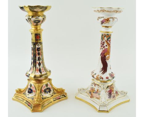 A Royal Crown Derby 1128 Imari tall candlestick, 27cm tall, with a similar Olde Avesbury example (both af).  Display well, to