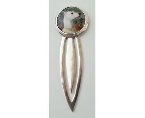 Sterling silver bookmark with an enamel insert with a dog's head, 5cm tall.  