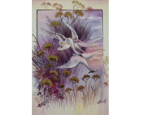 James Skerrett (former Royal Worcester artist) hand painted rectangular plaque of flying swans over foliage, in gilt frame, 2