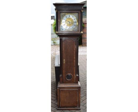 Georgian oak and similar longcase clock, 'Barns of London', Barnes of London?, with brass dial with ornate putti decoration, 