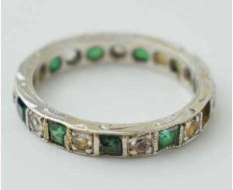 9ct gold eternity ring, set white and green stones, size J/K, 2.2g.  