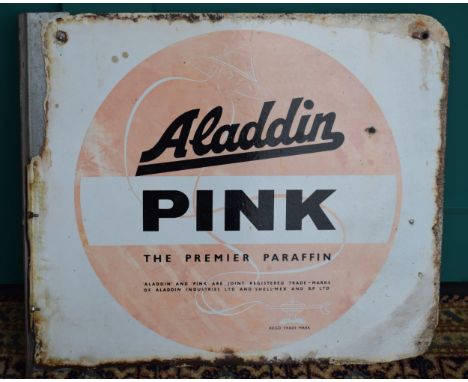 Aladdin Pink Paraffin vintage enamel advertising sign, double sided, with losses, modern wall bracket made to display, 49cm x