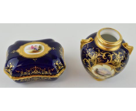 A pair of Coalport hand painted pottery items to include a small vase with a mountainous river scene, 8.5cm tall, with a trin