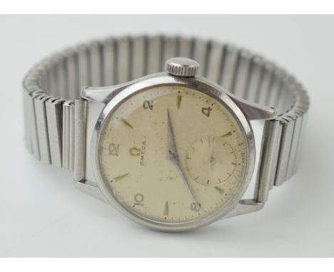 Omega gentleman's manual wristwatch watch, steel case, on  associated expanding strap, 32/33mm, non-working.  Glass scratched
