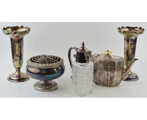 Silva plated item to include a bacchanalian glass claret jug, a teapot with ribbed edges, a pair of vases and a flower bowl (
