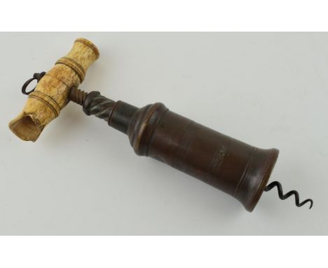 19th Century brass cylinder Thomason type double action corkscrew with turned bone handle (brush missing), name plaque half i