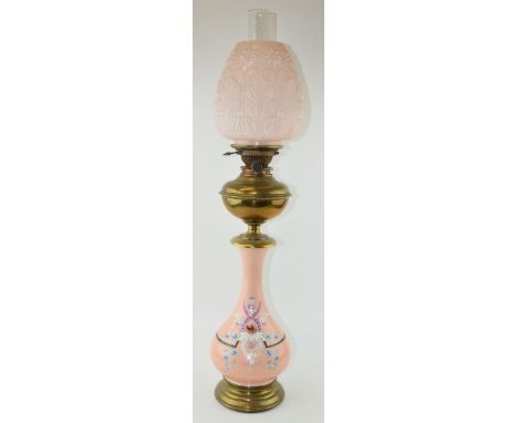 Oil lamp with ceramic base with floral decoration. Opaline pink glass outer shade, by 'Hink's' Birmingham, "Duplex Patent'. H