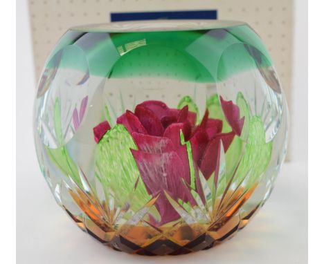 Boxed Caithness glass paperweight 'Rapture', large, 11.5cm wide.  Good condition, some surface wear.
